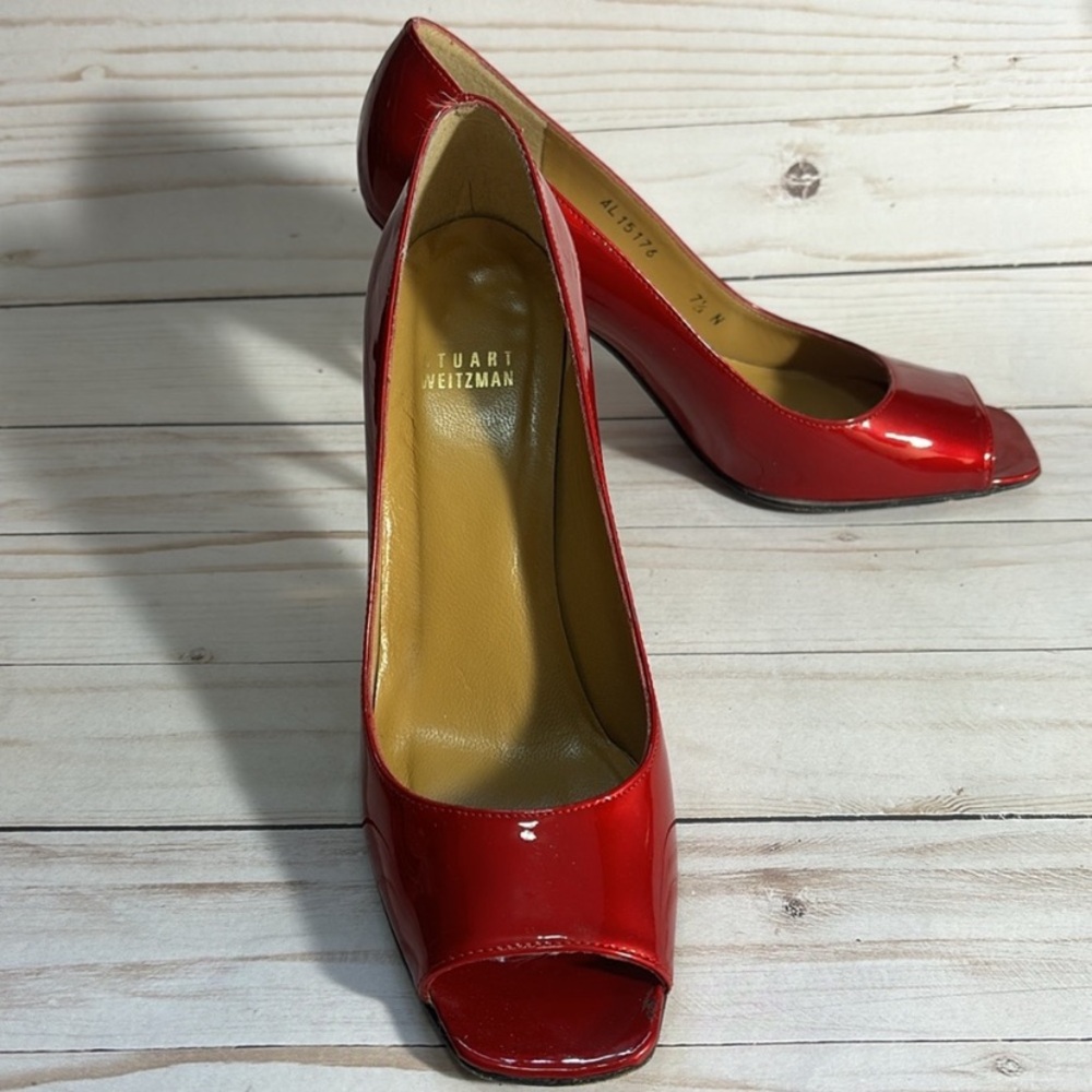 Stuart Weitzman Glossy Red Peep Toe Heels $90 size 7